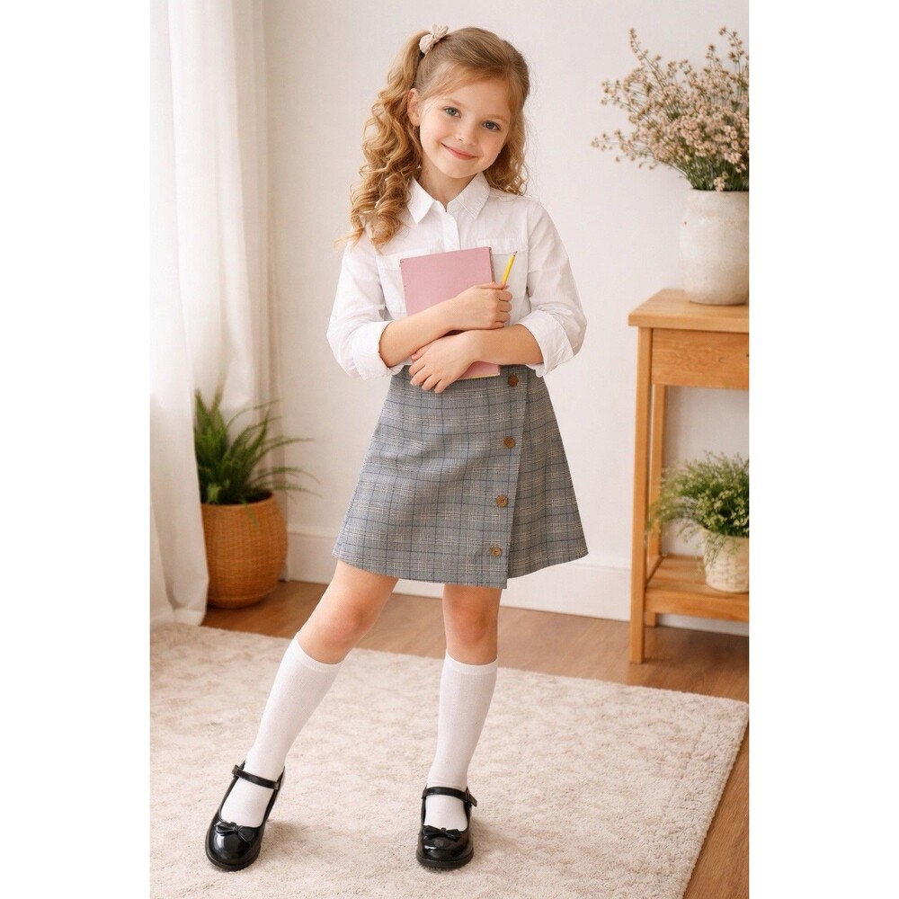 Kiddos 2 Piece White Button Up Plaid Skirt  Back To School Size Large